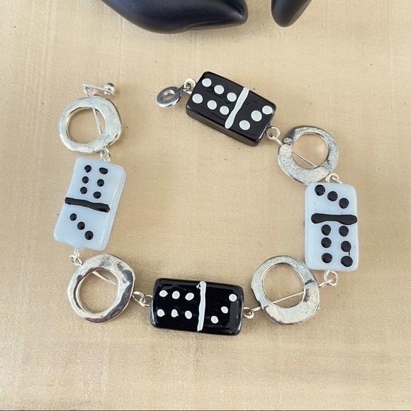 Whimsical Turtle Jewelry - Handmade Chunky Glass Domino Bracelet Black & White 8.25” Mod Retro Geometric
